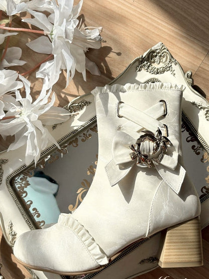 White Lace-Up Bow-Embellished Sweet Lolita Round Toe Ankle Boots - Magic Peach