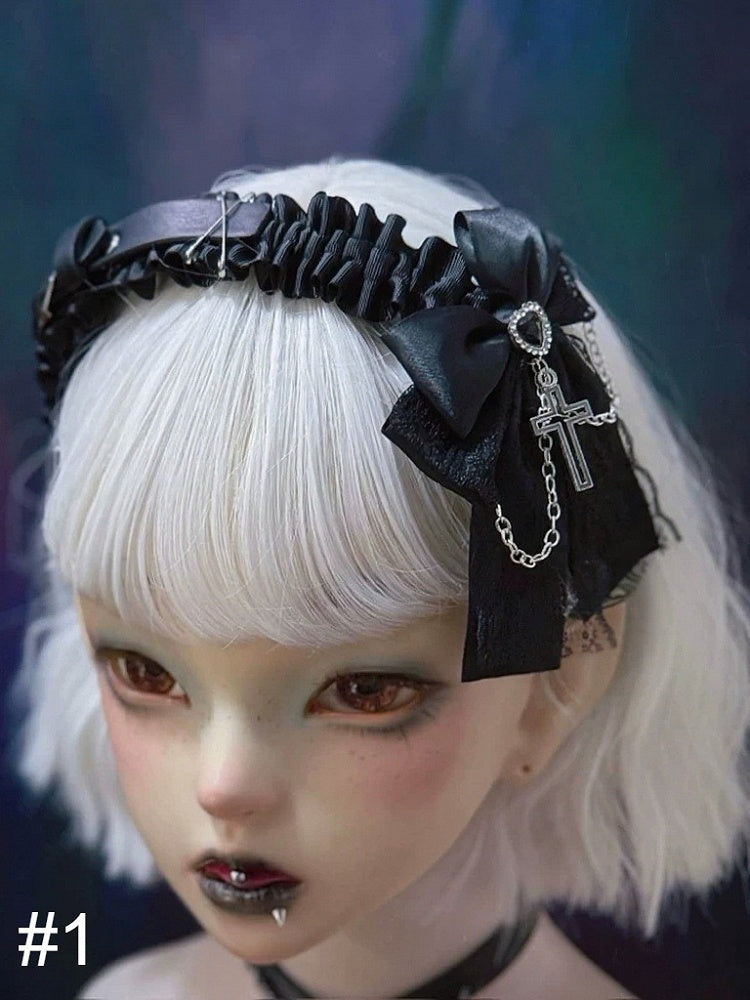 Gothic KC Headband with Cross and Bow Accents - Strange Sugar