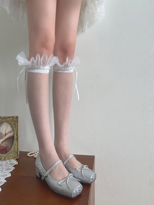 White Tulle Ruffled Bowknot Details Underknee Stockings
