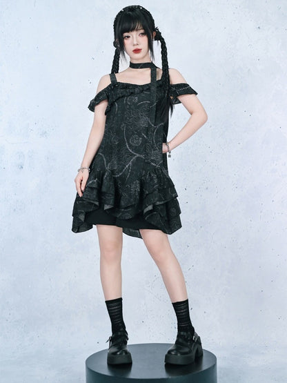 Gothic Black Off-Shoulder Cami Sea Lily Ruffle - Quirky Hut