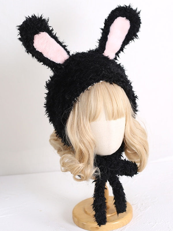 / Hat Plush Ear Bunny Cute Pink Black White