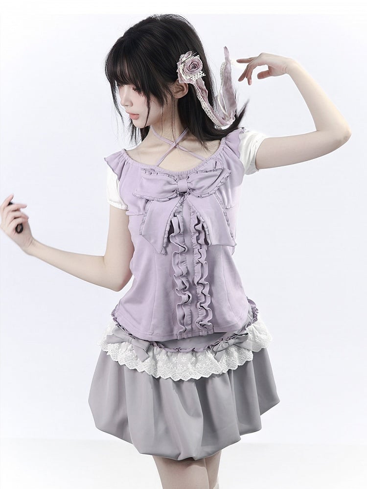 Dusty Purple Halter Ruffle Bow Top - PINK SAVIOR