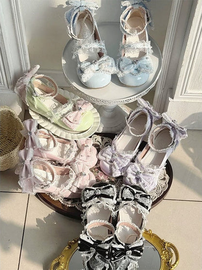 Light Blue Crystal Bow 5cm Slope Heel Shoes Elegant - Meng Ka Jiang