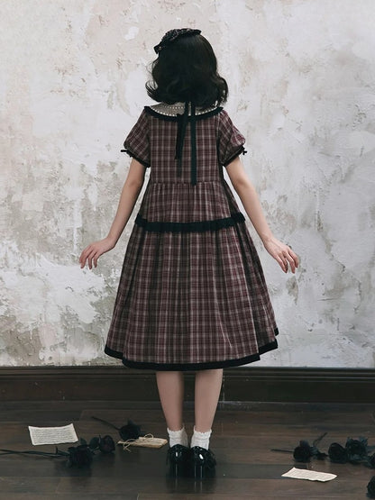Black Plaid Dress Rose Trim Red Classic Elegant Lolita with Embroidery Short and Sleeves