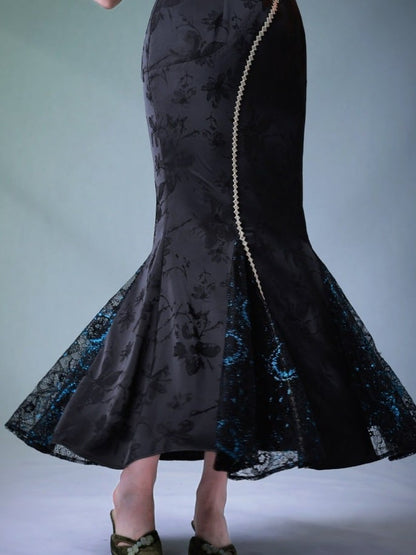 Butterfly Theme Classic Cheongsam Long Dress with Embroidered Fish Tail - sijinstudio