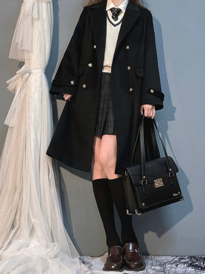 Schwarzer zweireihiger Wollmantel mit Reverskragen