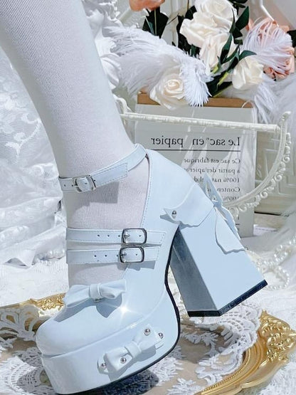 Design Bowknot High Block Lolita Stud Shoes Blue Heels Light Platform Butterfly