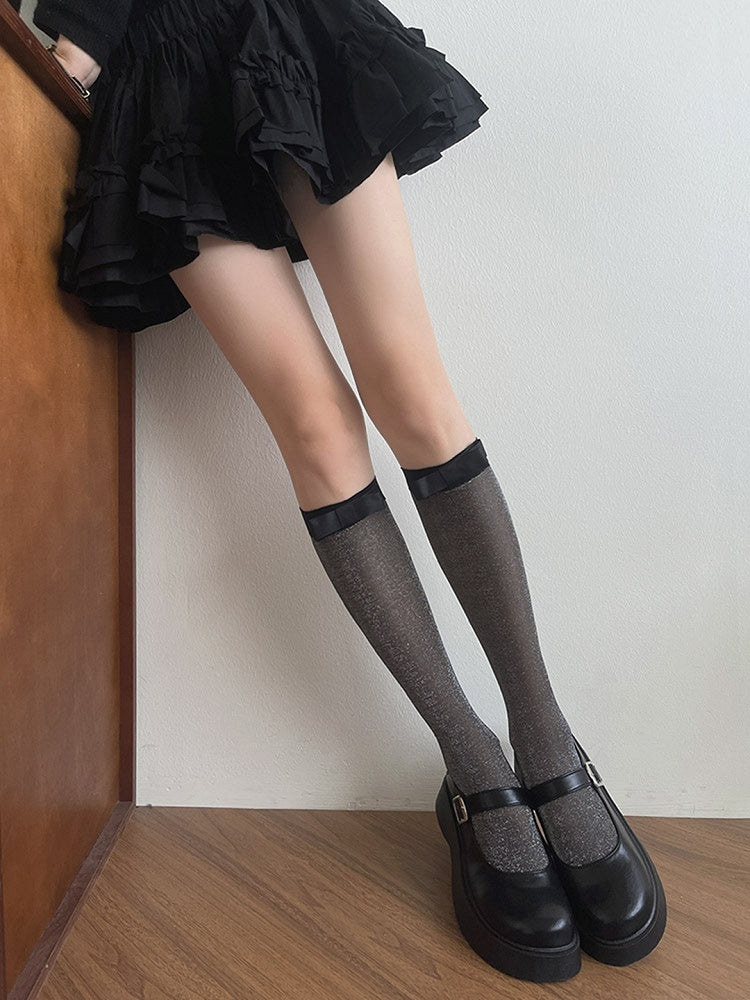 Light Underknee Bowknot Semi-sheer Grey/Black Stockings Details