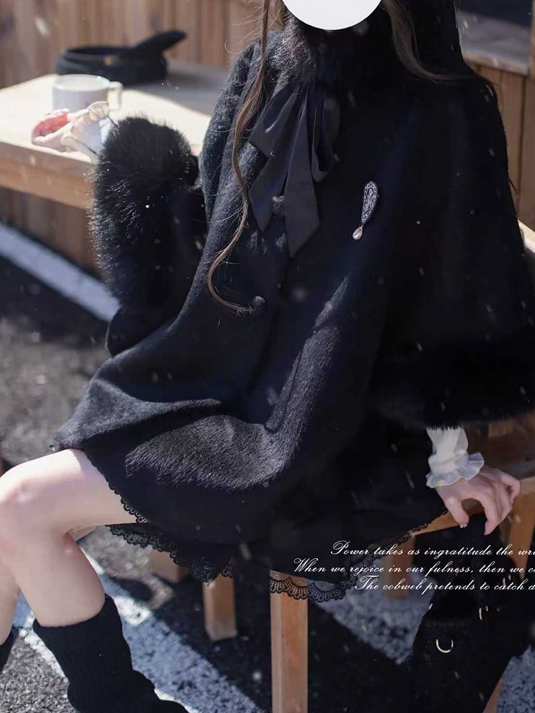 Black Cape Cuffs Jirai Plush Cozy Winter Coat - Kei with Fall Essential A Collar
