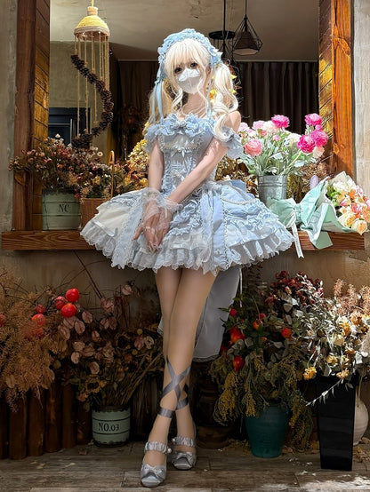 Princess Balletcore Bead Corset Bow Skirt Chains Lolita Jumper Blue Elegant and with Accents