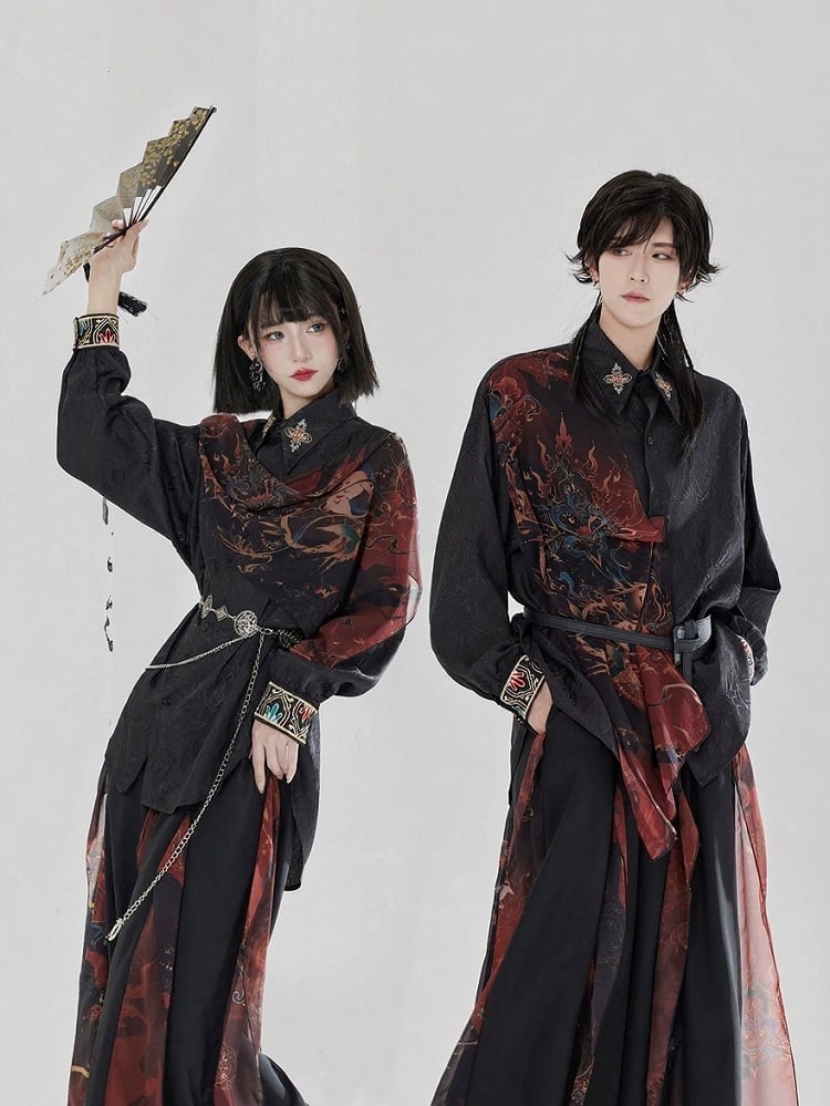 Set Pants BlackRed Pendant + Chain Shirt Embroidered Chinese-style Hanfu Waist