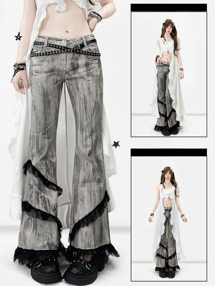 Bittersüße Trim Krawatte Grau Smoky Dye Jeans Silhouette Spitze Flare