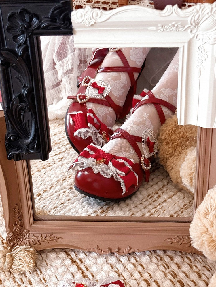 甘いストラップ、クリスクロスバックル、レッド、2CM/5CM、ブロックロリータディテールデザインシューズ、ハートヒール、蝶結び