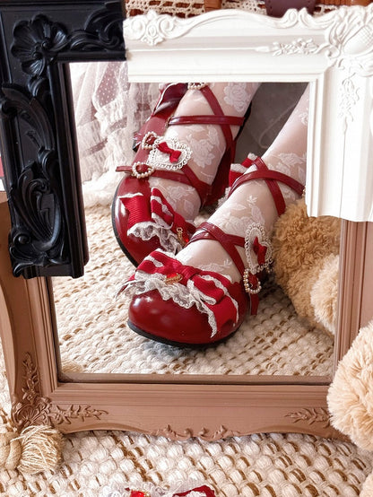 甘いストラップ、クリスクロスバックル、レッド、2CM/5CM、ブロックロリータディテールデザインシューズ、ハートヒール、蝶結び