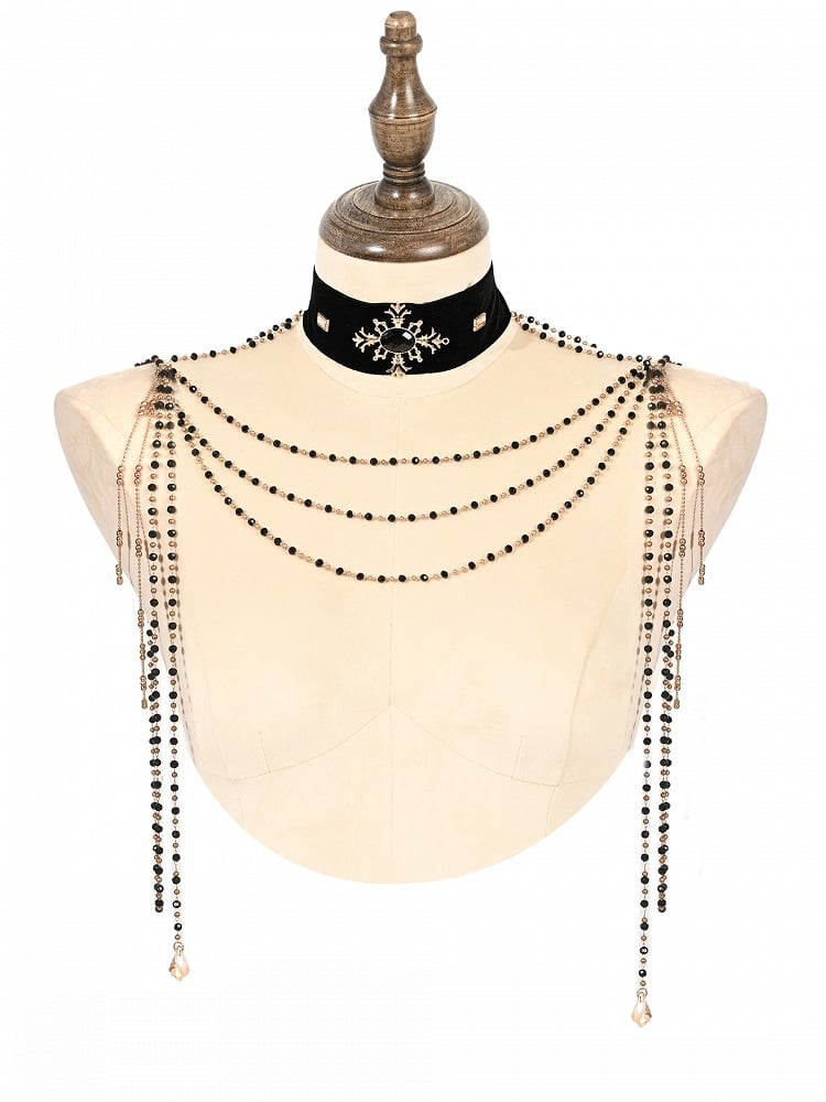 Multi-Layered Shoulder Black Choker Velvet with Chains Gothic