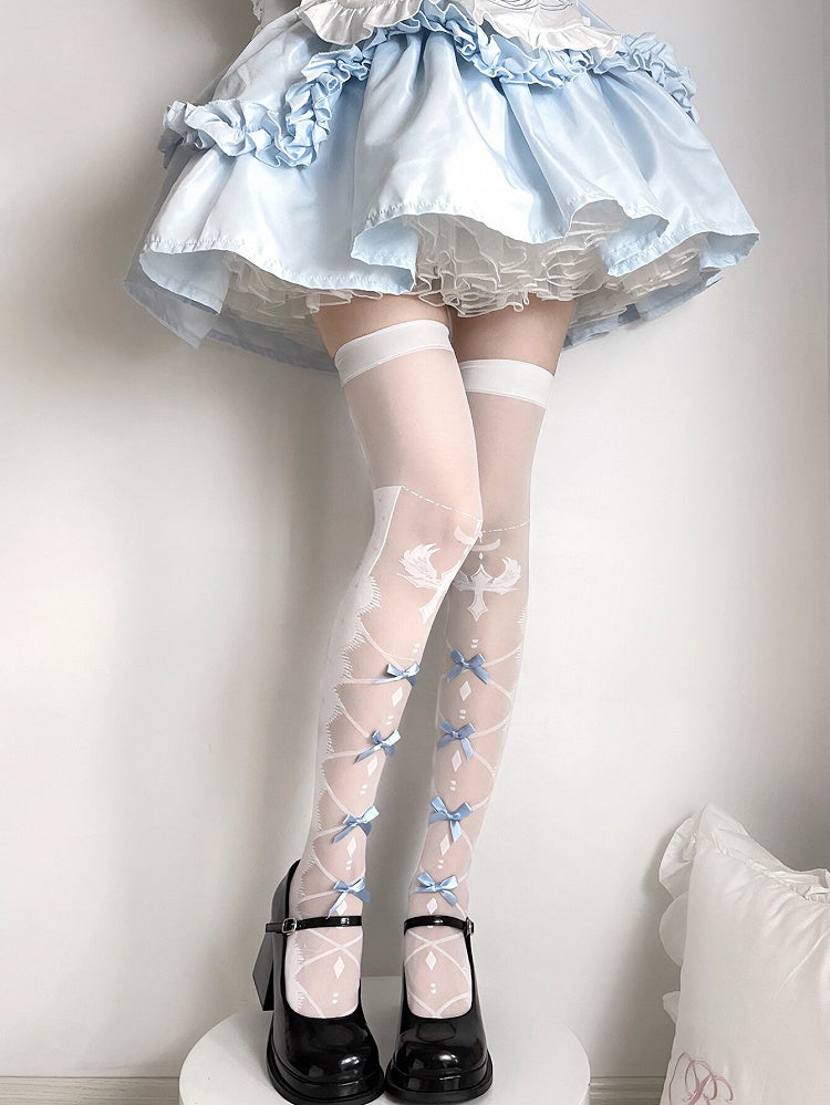 White and Blue Bow Semi-sheer Cross and Wing Print Over Knee Stockings