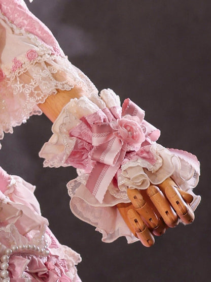Rosa Hanayome Rosette Stickerei Blumen und Perlenkette Details Lolita OP Komplettset
