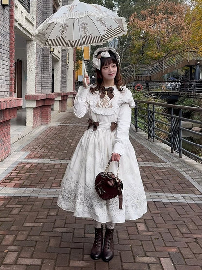 Lolita Bowknot White Floral Version One and Long Piece Embroidery Bodice Classic