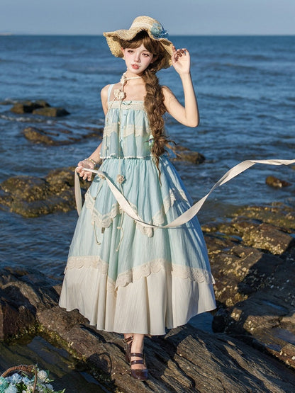Blue Summer Set: Sleeveless Top, Skirt, Brooch & Hat - With PUJI