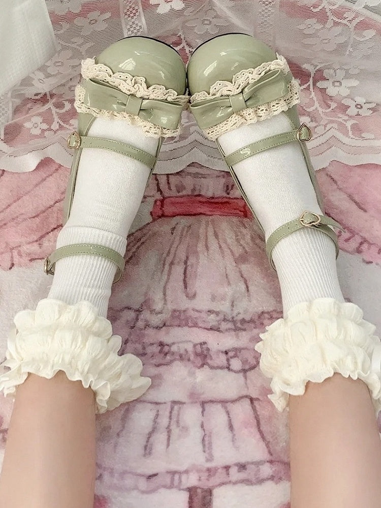 Lace Shoes Low Mary Jane PU Green - with Lolita Heel Leather Detail