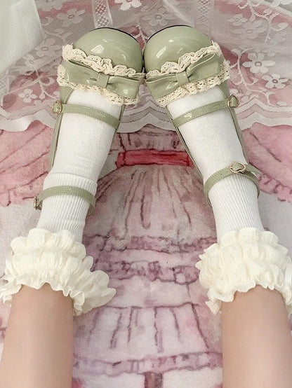 Lace Shoes Low Mary Jane PU Green - with Lolita Heel Leather Detail