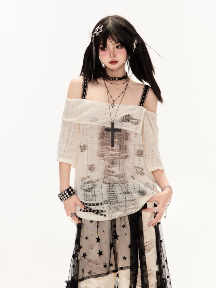 アプリコット/ブラック オフショルダー クロスストラップ カートゥーンガールプリント カバーアップ