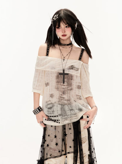 アプリコット/ブラック オフショルダー クロスストラップ カートゥーンガールプリント カバーアップ