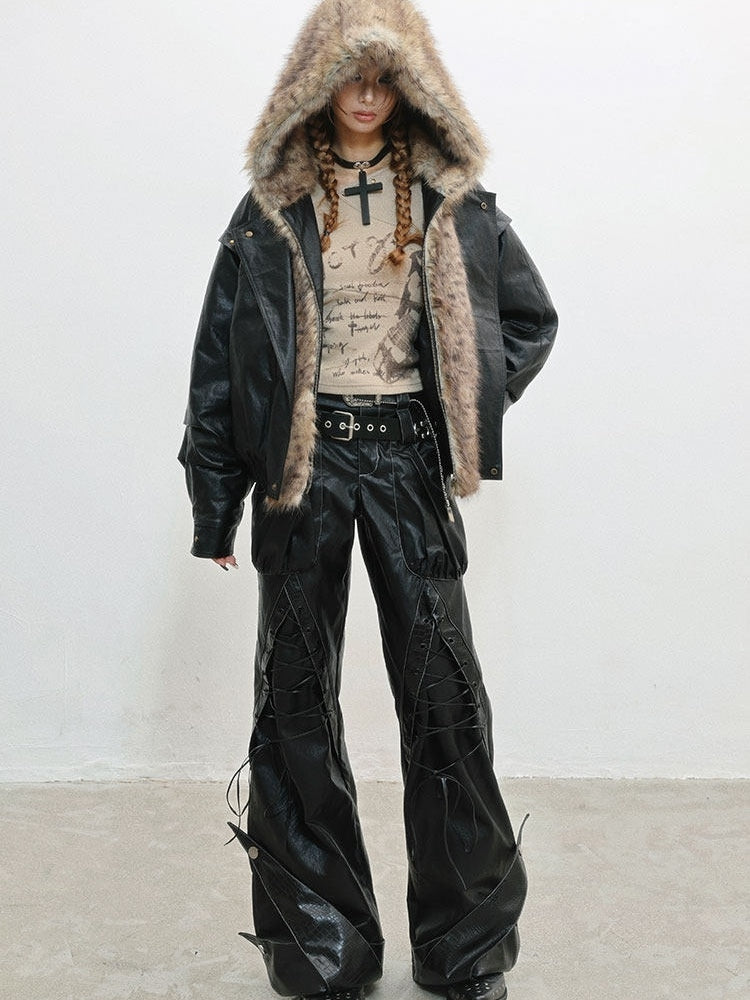 PU Punk Rock Black with Lace-Up Details Pants