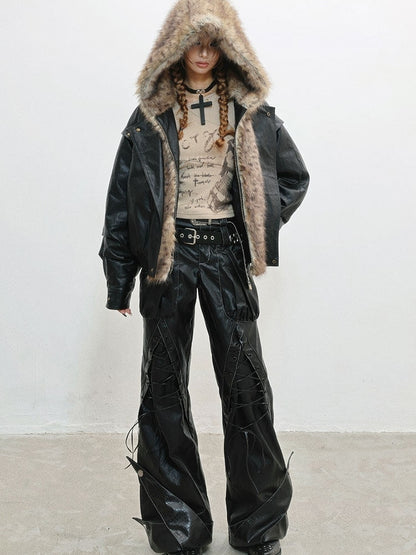PU Punk Rock Black with Lace-Up Details Pants