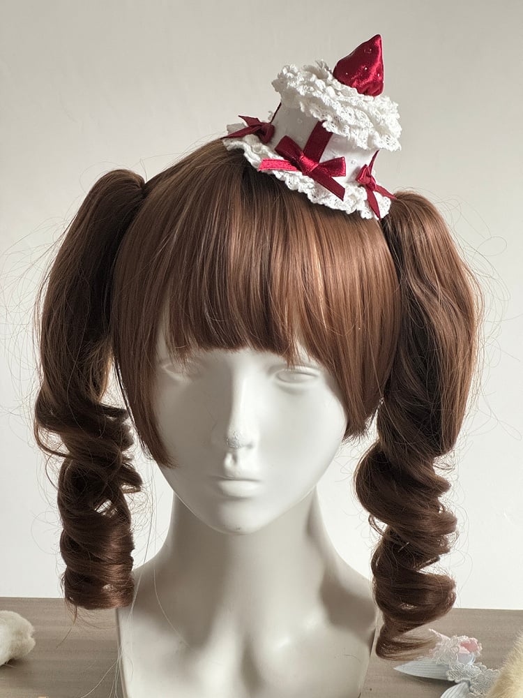 Lace - Bow Lolita trimmed Strawberry Cake and shaped Sweet Red/Pink Hat Mini with Accents