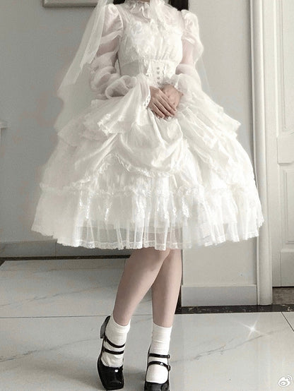 White Basque Waist Shiro Dress Drawstring Skirt Hanayome Lolita Long Sleeves One Piece