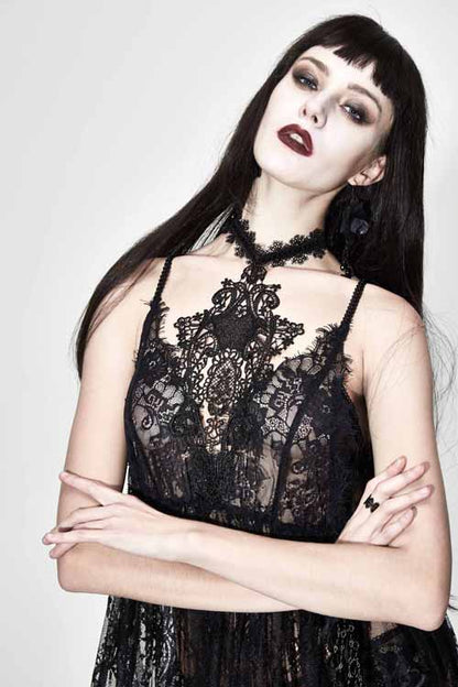 Black Sheer Lace High-Waist Sexy Halter Long Gothic Dress for Women