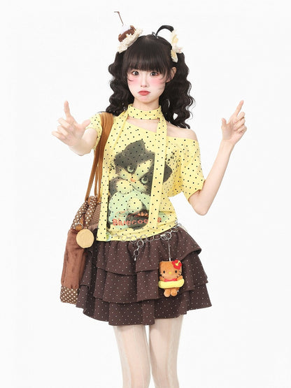 Yellow Kitten Polka Dot Tee with Scarf - Languid Park