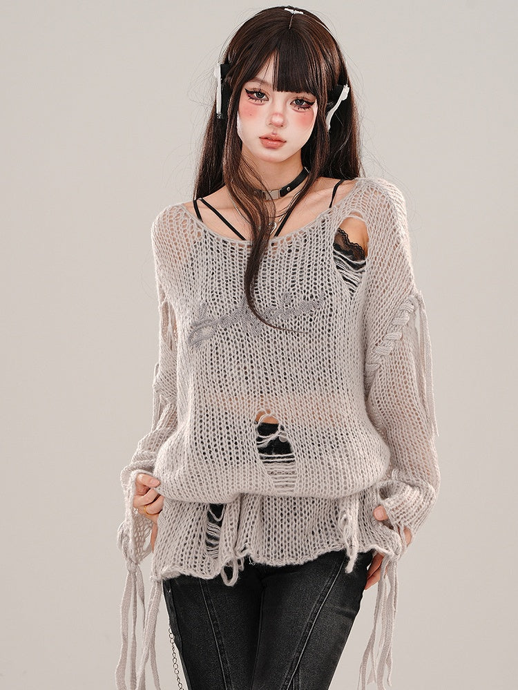Gray and White Distressed Holes Asymmetrical Neckline Semi-sheer Knit Top