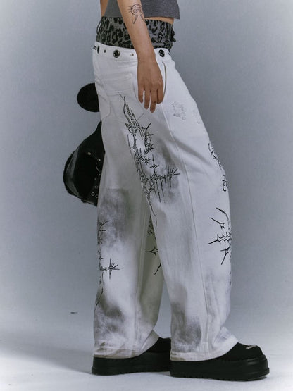 White Leopard Punk Jeans Print with Waistband Vintage Distressed Botanical
