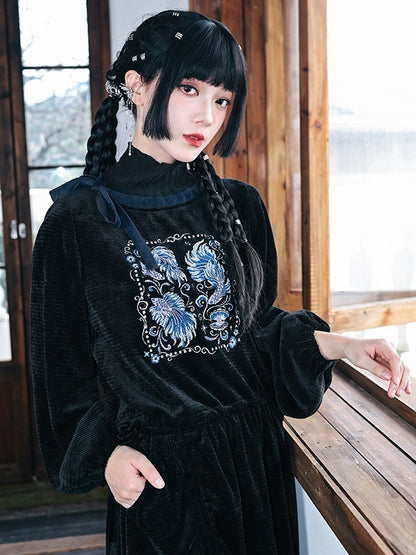 Embroidery Mock Cheongsam - Neck Black Goth Sweatshirt with Goldfish