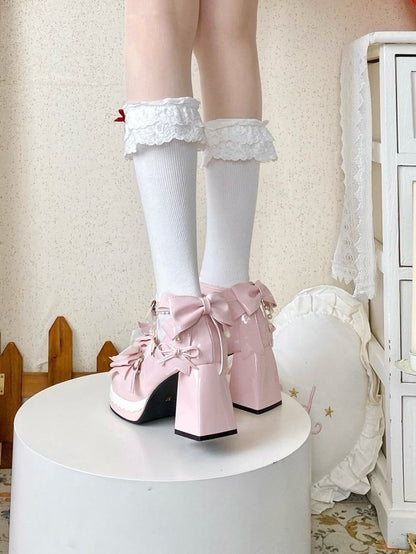 Shoes at - High Bow Platform Sweet PU Straps Lolita Top Beaded Block Decor Crisscross Heel Pink