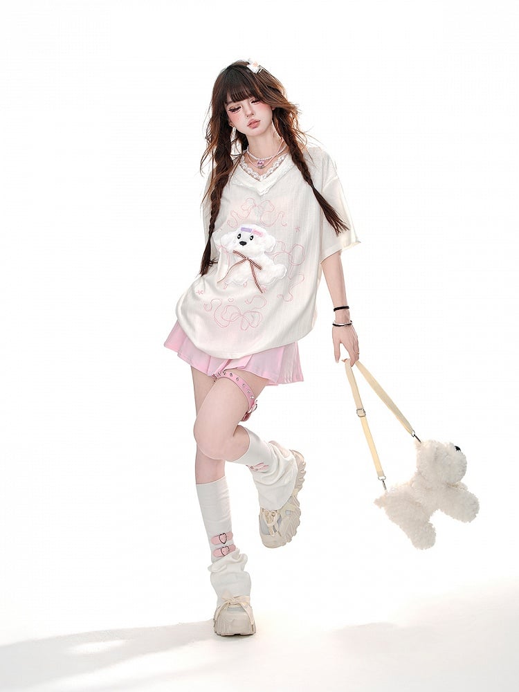 Yume Kawaii Adorable Puppy White/Blue Loose T-Shirt