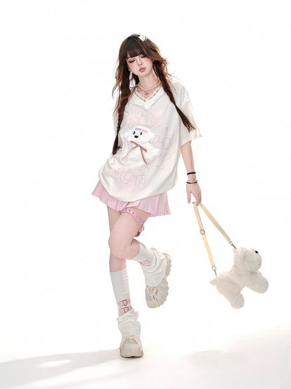 Yume Kawaii Adorable Puppy White/Blue Loose T-Shirt