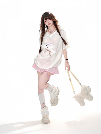 Loose Yume Adorable Puppy Pattern White/Blue T-Shirt Kawaii