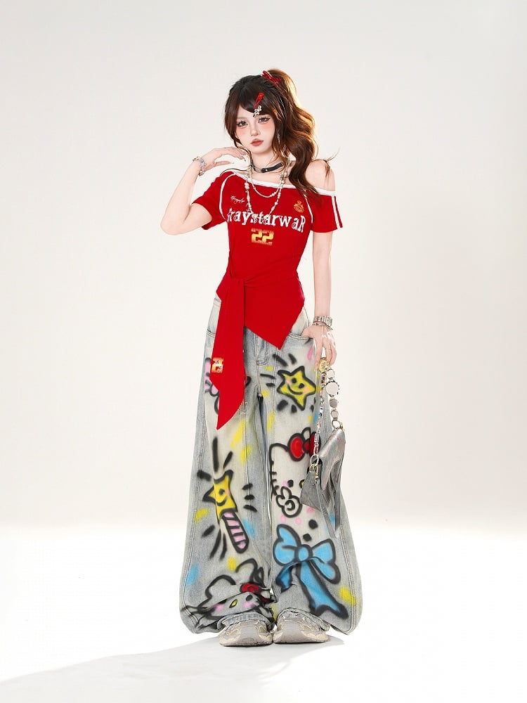 Red/Blue Straps at Waist Asymmetrical Neckline Blokette Core T-shirt Self-tie