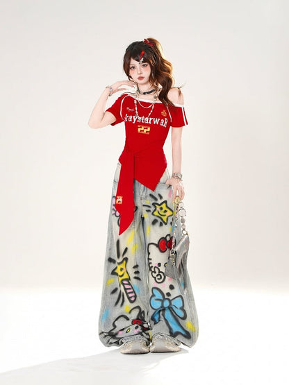 Red/Blue Straps at Waist Asymmetrical Neckline Blokette Core T-shirt Self-tie