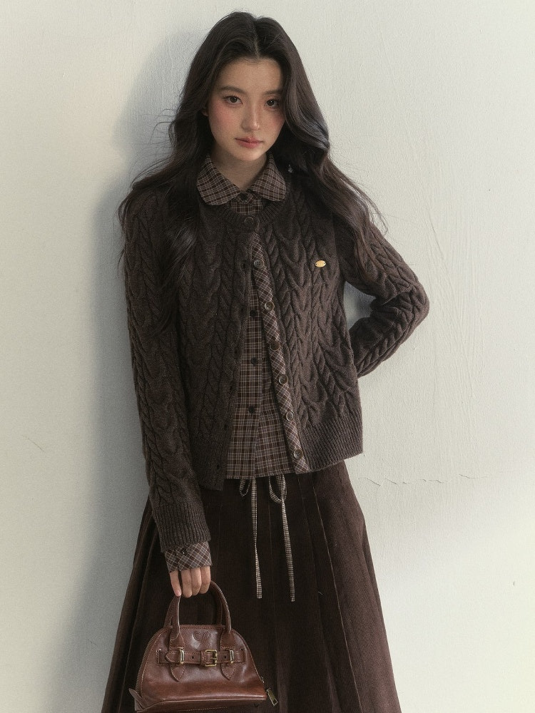 Sweet Plaid Blouse with Pattern Fake Two-piece Brown