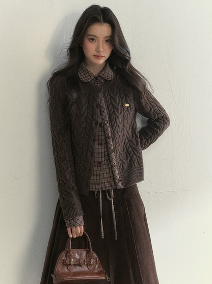 Sweet Plaid Blouse with Pattern Fake Two-piece Brown