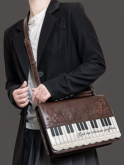 Brown Piano-Themed Crossbody  Backpack Briefcase With Embroidered Floral Accents Elegant Midium-Sized