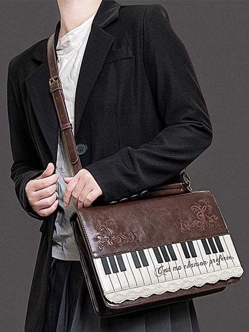 Backpack Crossbody Piano-Themed Accents Embroidered Midium-Sized Brown Elegant Briefcase Floral With