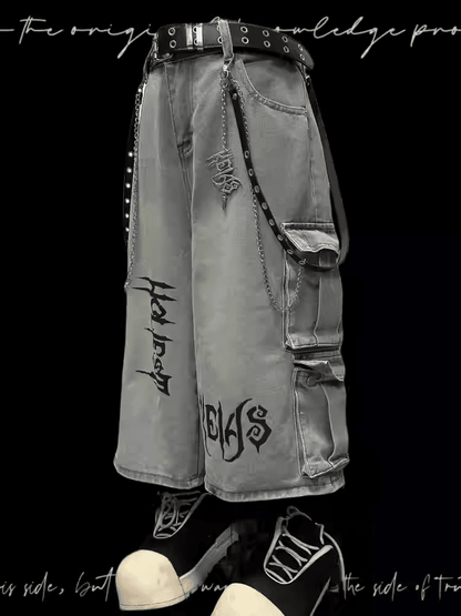 ジーンズフリーライトブルーパンクロックワイドレッグカーゴチャーム付き