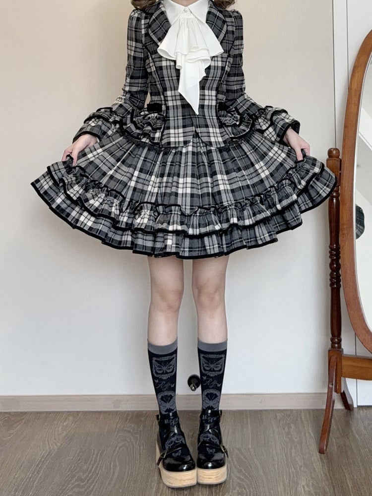 Notched + Old Lolita White Skirt Lapel Plaid - Set Black School Ruffled Blazer