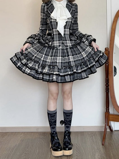 Notched + Old Lolita White Skirt Lapel Plaid - Set Black School Ruffled Blazer