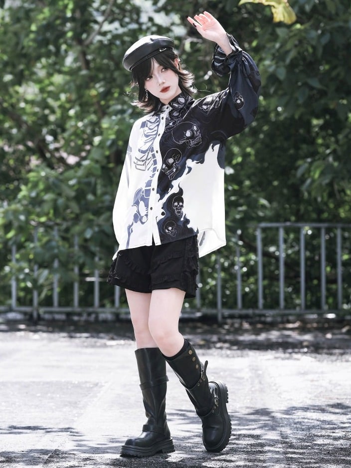Gothic Black and White Balloon Sleeve Shirt with Asymmetric Skeleton Print - Quirky Hut